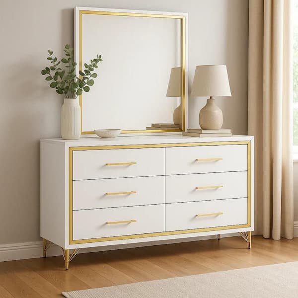 Jenny White and Gold 6 Drawer 17.25 in. Dresser with Mirror