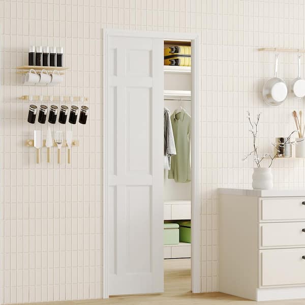 30 in. x 80 in. 6 Panel MDF White Primed Wood Can be Painted Pre-Finished Door Panel Pocket Door Frame with All Hardware