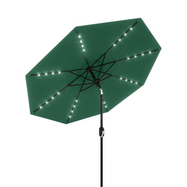 9 ft. Metal Pole Round Market Solar LED Lighted Tilt Patio Umbrella with UV-Resistant Fabric in Dark Green