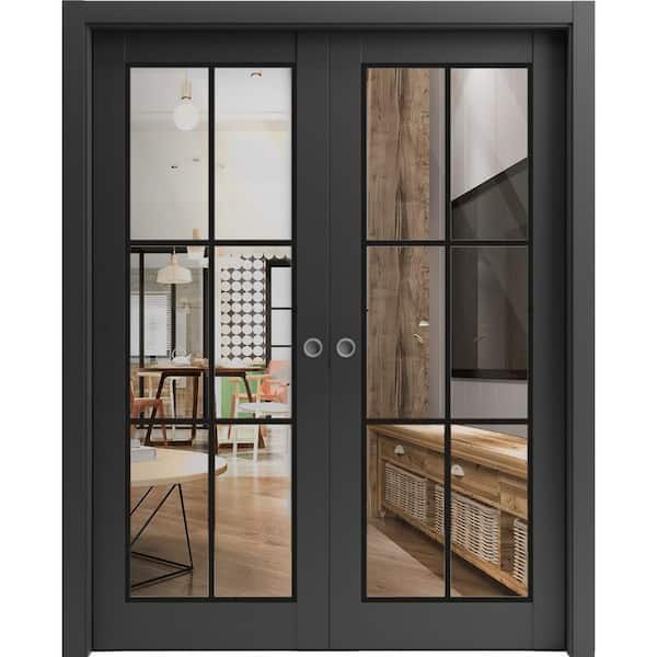 Sartodoors 72 in. x 80 in. 2 Panel Black Matte Finished Solid Wood Sliding Door with Hardware