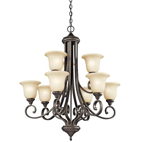 KICHLER Monroe 33.5 in. 9-Light Olde Bronze 2-Tier Traditional Shaded Bell Chandelier for Dining Room