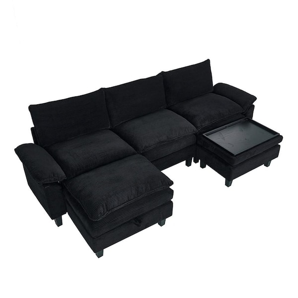 WONDER COMFORT 117.7 in. Pillows Armrests 5-piece U Shaped Corduroy DIY Combination Modular Sectional Sofa in. Black with 2 Ottomans
