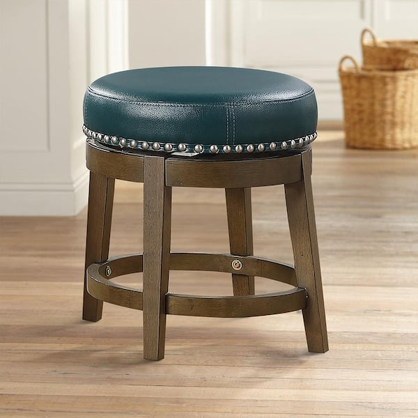 Paran 19 in. Brown Wood Round Swivel Stool with Green Faux Leather Seat (Set of 2)
