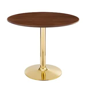 Verne 35 in. Round Dining Table Walnut Wood Top with Gold Metal Base