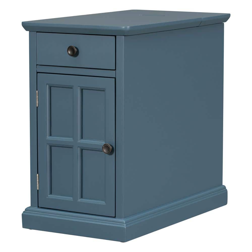 1Drawer Antique Navy Wood Nightstand with USB Ports Livingroom End Table Side Table with Cup