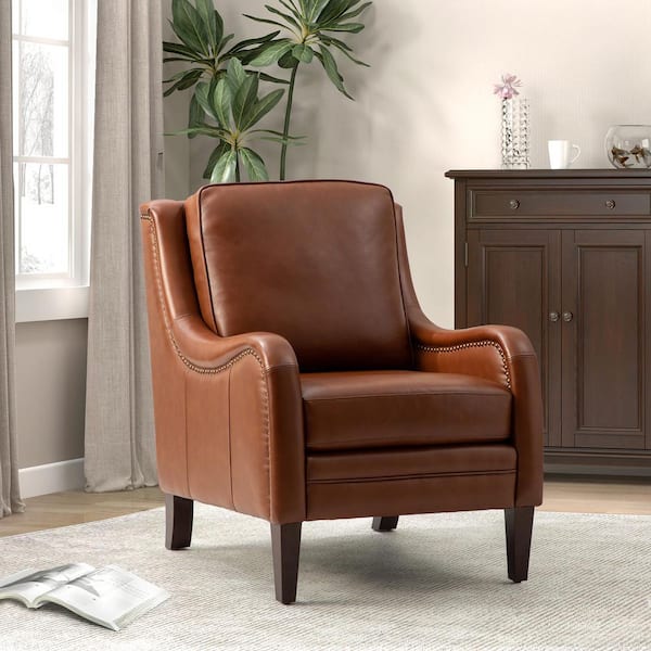 Gertrudis Brown 27.56 in. W Genuine Leather Upholstered Arm Chair with Nailhead Trims