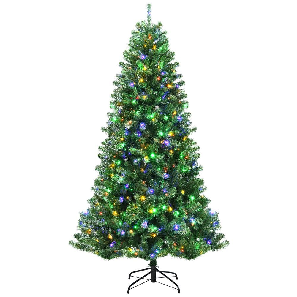 Costway - 6ft Pre-lit Hinged Christmas Tree w/ Remote Control & 9 Lighting Modes - Green