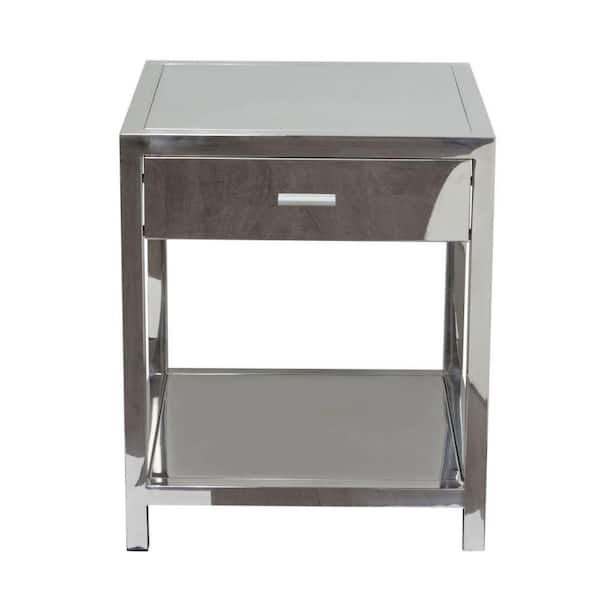 Benjara 24 in. H Square Silver Stainless Steel Accent Table with One Drawer and Open Bottom Shelf