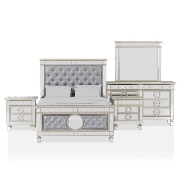 Furniture of America Casilla 5-Piece Silver and Gray Queen Bedroom Set, Silver and Gray - Queen