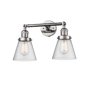 Small Cone 16 in. 2-Light Polished Nickel Vanity Light with Seedy Glass Shade