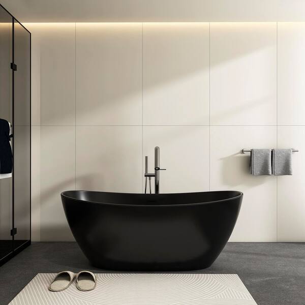 65 in. x 33.5 in. Artificial Stone Soaking Bathtub in Black Solid Surface Modern Tub with Overflow and Pop-up Drain