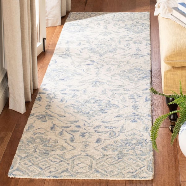 Dip Dye Light Blue/Ivory 2 ft. x 16 ft. Border Floral Medallion Runner Rug