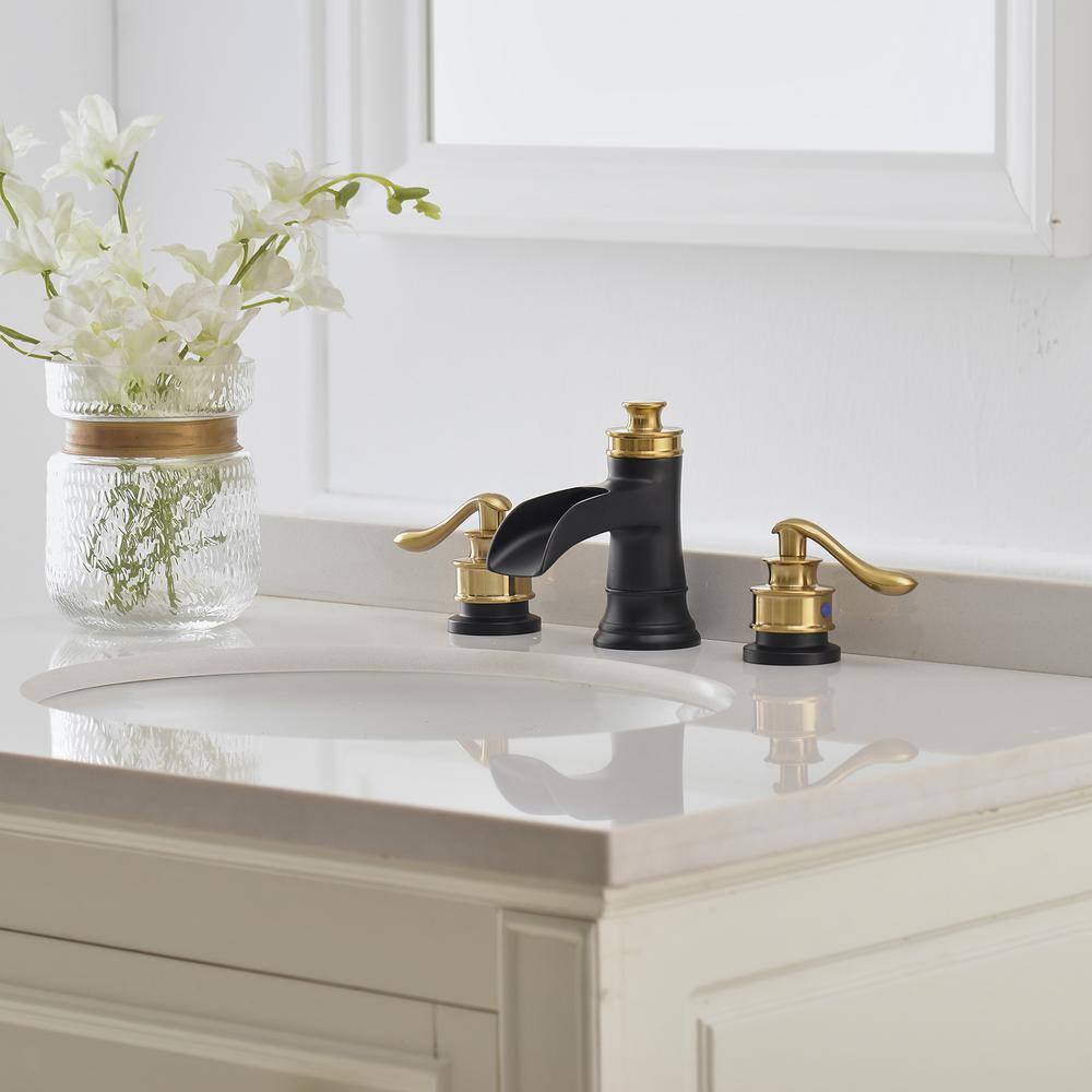 Gold and Black Widespread Double Handle Waterfall Faucet