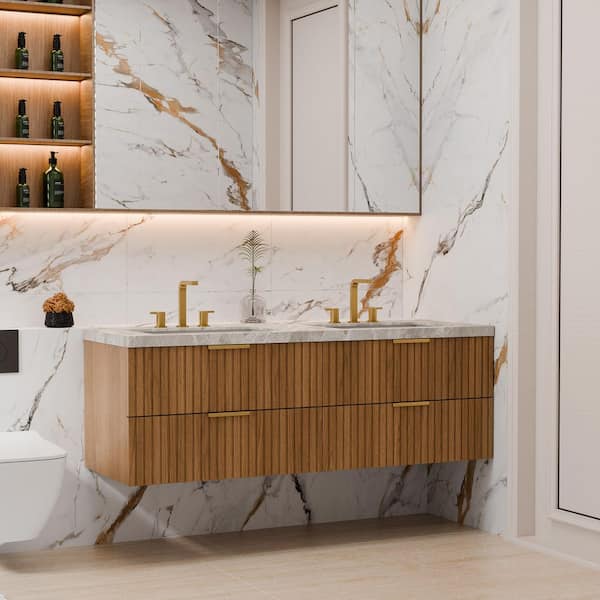 Loiry 59.84 in. Double Ceramic Sinks Floating Espresso Bath Vanity with Light Gray Sintered Stone Top Pre-assembled