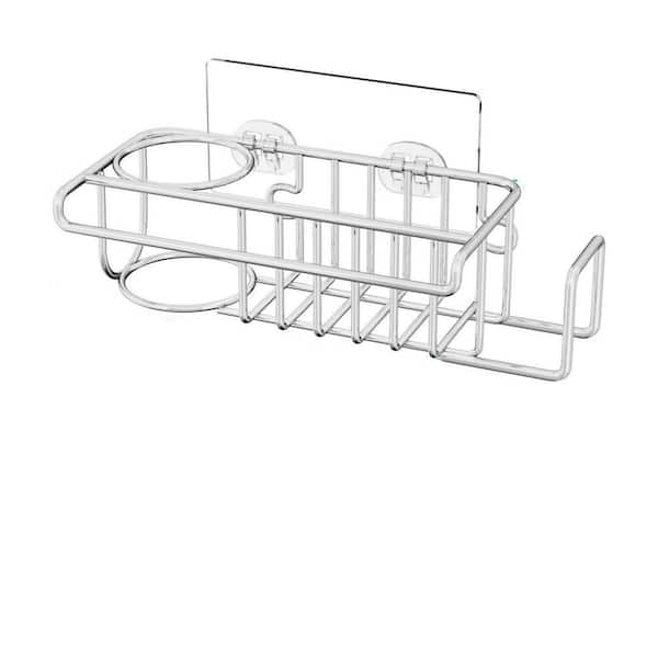 Stainless Steel 4-in-1 Sink Caddy Sponge Holder with Soap Rack, Dish Cloth Hanger & Sink Stopper Rack - Silver Finish