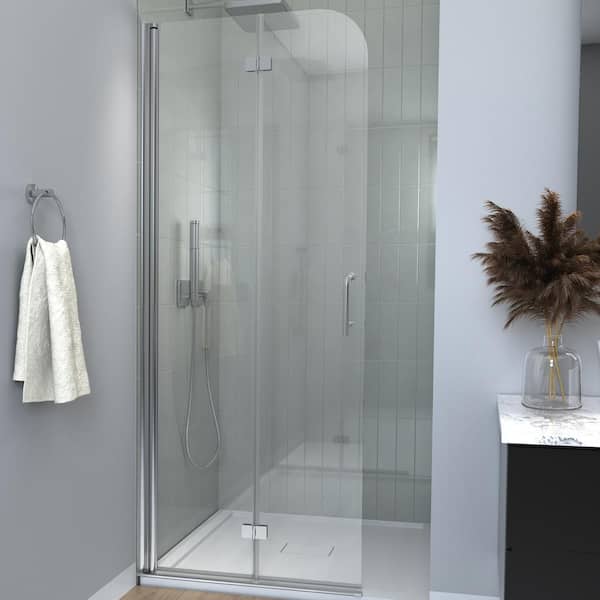 Unbranded 30 in. W x 72 in. H Bi-fold Semi-Frameless Shower Door in Chrome Finish with Clear Glass