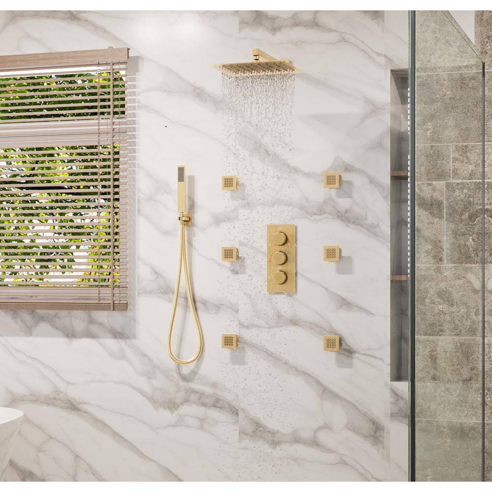 Brushed Gold Dual Square Wall Mounted Shower System with Body Jets
