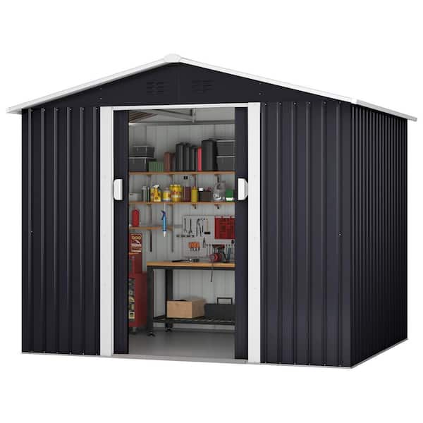 JAXPETY 8.4 ft. W x 6.3 ft. D Outdoor Storage Shed Galvanized Steel Metal Shed with Sliding Doors, Gray (52.92 sq. ft.)