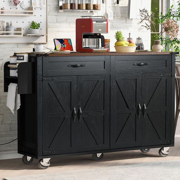 Staykiwi Black MDF Kitchen Cart with 4 Door Cabinet, Spice Rack, Drop Leaf and Towel Rack