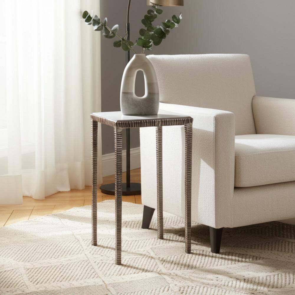 15 in. Silver Square Quartz Top Textured Frame End Table