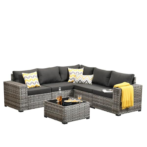 Baldwin Gray 6-Piece Wicker Wide Arm Outdoor Patio Conversation Sofa Sectional Seating Set with Black Cushions
