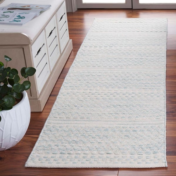 Kilim 2 ft. x 8 ft. Ivory/Light Blue Chevron Striped Runner Rug
