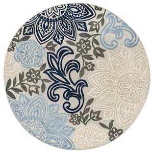 Oasis Floral Blue 8 ft. Round Indoor/Outdoor Area Rug