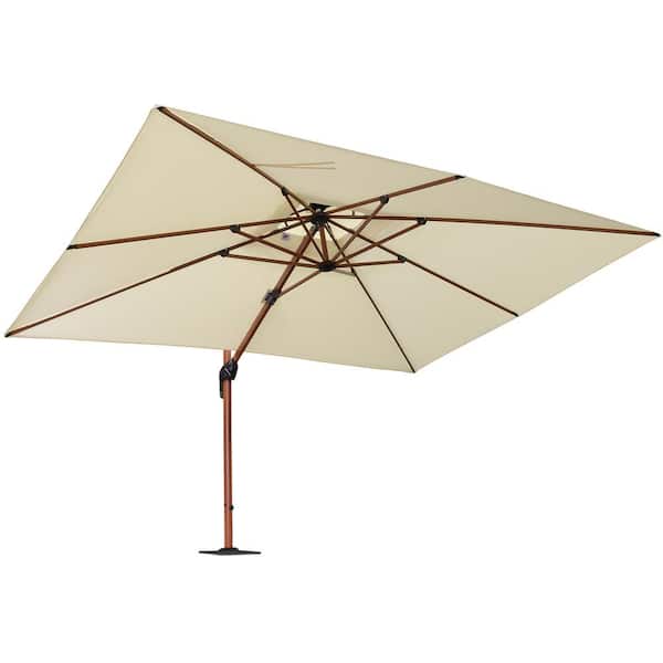 PURPLE LEAF 9 ft. x 12 ft. High-Quality Wood Pattern Aluminum Cantilever Polyester Patio Umbrella with Base Plate, Cream