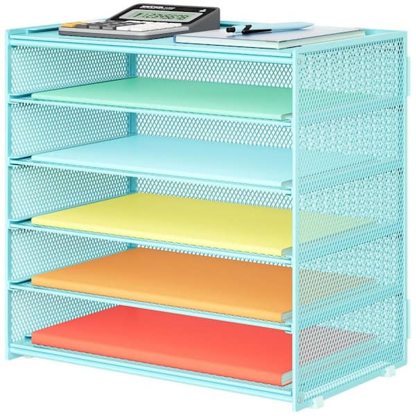 12.5 in x 13.25 in Blue Metal Paper Organizer Storage 6 Tier Letter Tray Desk File Organization Mesh Paper Sorter