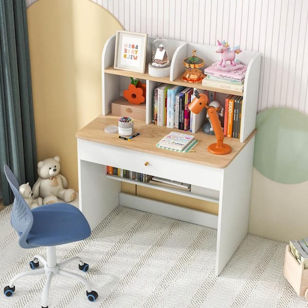 Costway White Wooden Kids Study Desk Children Writing Table with Hutch and Drawer