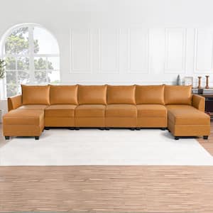 112.8 in. Modern Faux Leather 6-Seater Upholstered Sectional Sofa with Double Ottoman in. Caramel