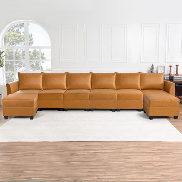 HOMESTOCK 112.8 in. Modern Faux Leather 6-Seater Upholstered Sectional Sofa with Double Ottoman in. Caramel