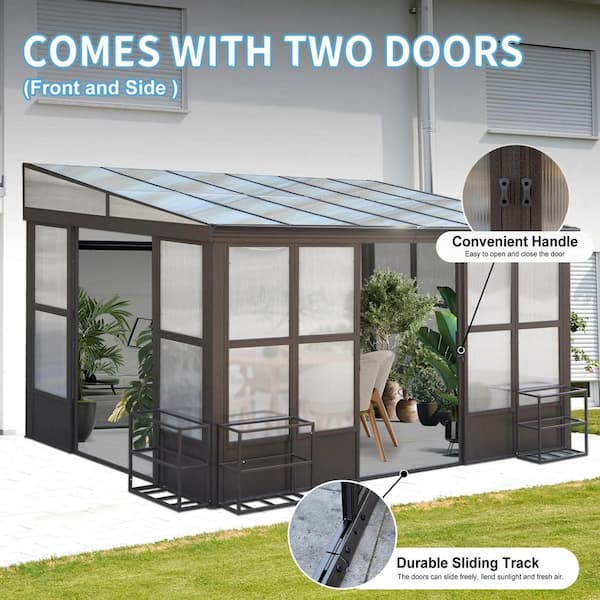 Unbranded 10 ft. x 12 ft. Aluminum All Season Sunroom, Outdoor Permanent Wall Mounted Solarium with 2 Lockable Sliding Doors