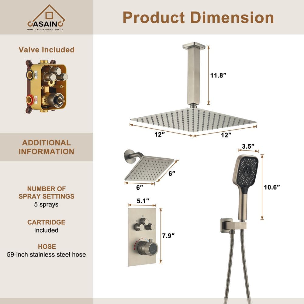 Brushed Nickel 12-Inch Dual Square Ceiling Mounted Shower System