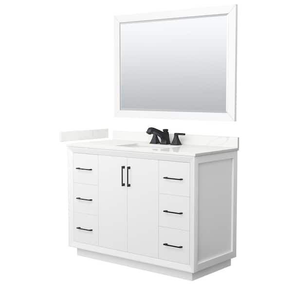 Wyndham Collection Strada 48 in. W x 22 in. D x 35 in. H Single Bath Vanity in White with Giotto Quartz Top and 46 in. Mirror