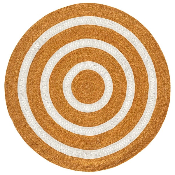 Braided 5 ft. x 5 ft. Gold/Ivory Stripe Round Rug