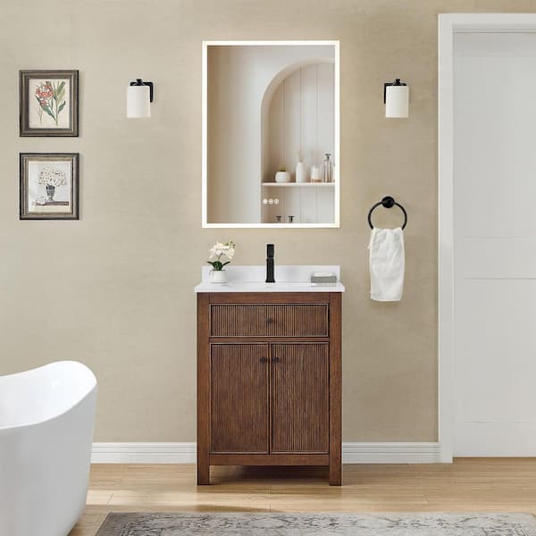 Pendry 24 in. Single Freestanding Dark Walnut with Matte Black Trim Bath Vanity with White Cultured Marble Top
