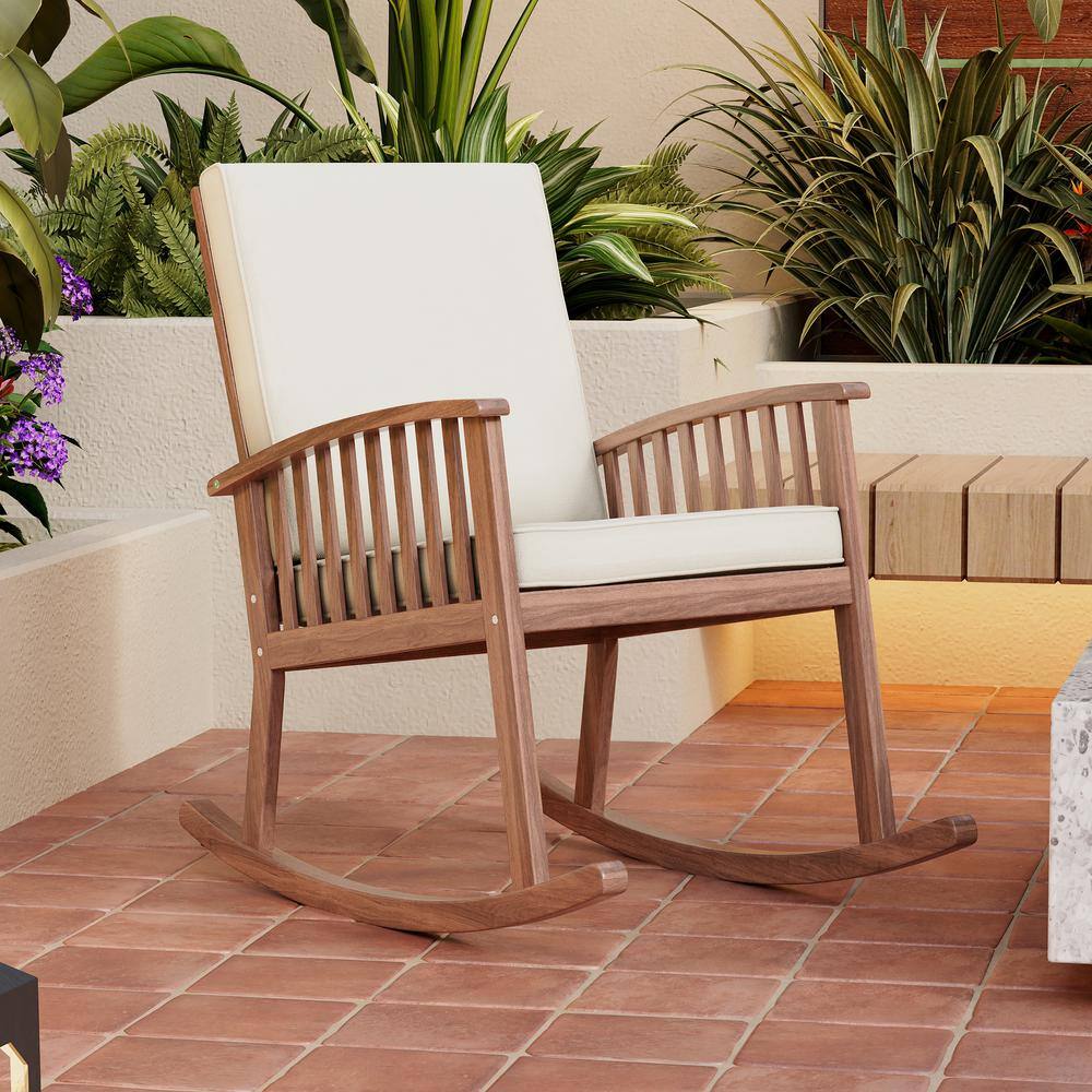 Acacia Wood Outdoor Rocking Chair with Water-Resistant Cushion in Beige 1-P