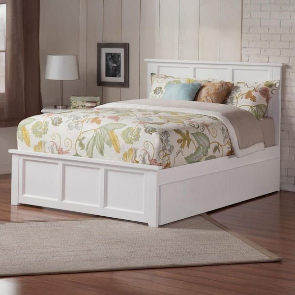 Madison White Solid Wood Frame Queen Platform Bed with Matching Footboard and Storage Drawers