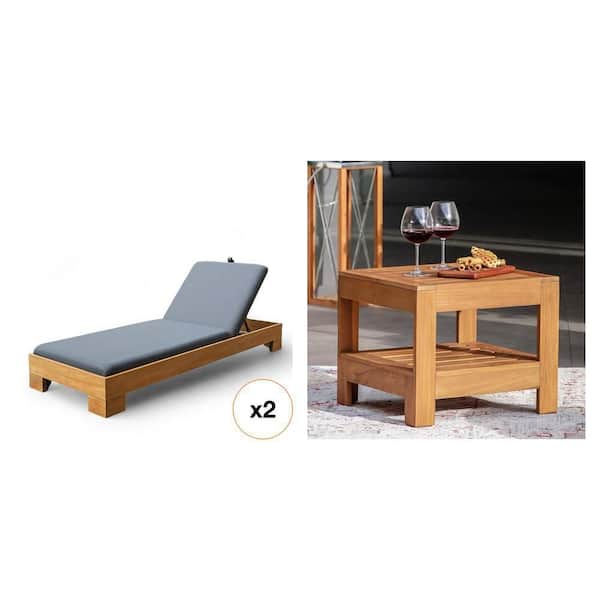 Largo Teak Wood Outdoor Side Table and Palou Teak Wood Outdoor Chaise Lounge with Gray Cushion and Patio Cover Combo