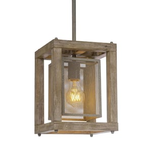 1-Light Distressed Wood and Metal Indoor Mini Pendant Light Farmhouse Ideal for Kitchen, Dining Room, and Living Room