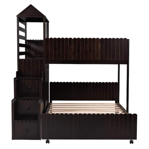 ANBAZAR Twin Over Full Flexible Combination House Bunk Roof Bed with Seven Drawers, Two Shelves, and StairwayEspresso