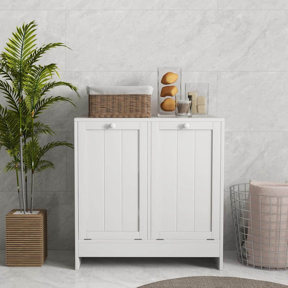 White Modern Tilt-Out Laundry Hamper Cabinet with 2 Compartments