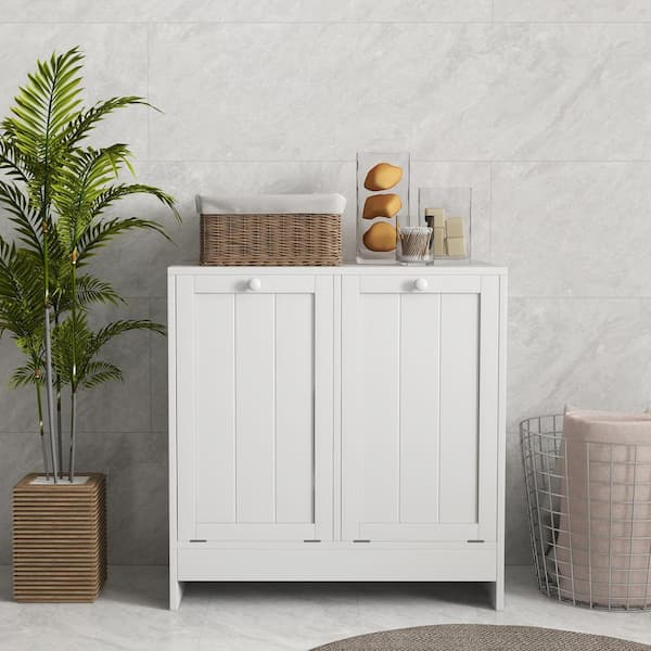 kleankin Floor Cabinet White 26.75 in. Accent Cabinet Office Storage Cabinet with 2-Shelves and Modern Clothing Storage Basket