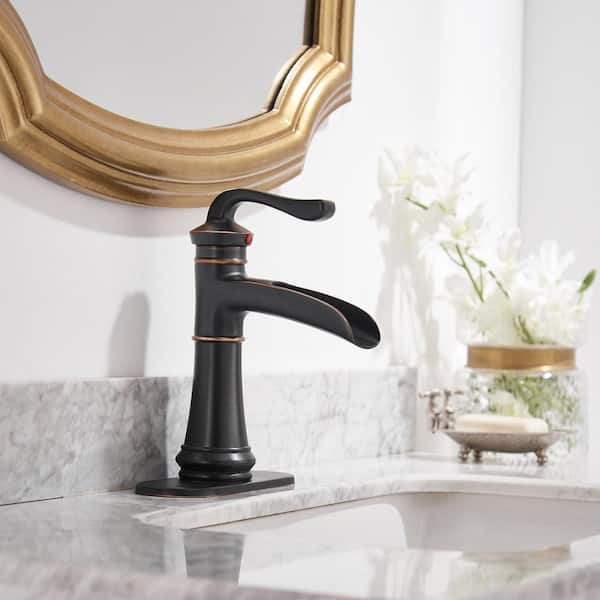 Single Handle Single Hole Bathroom Faucet with Deckplate Included, Pop Up Drain, Water Supply Hoses in Oil Rubbed Bronze
