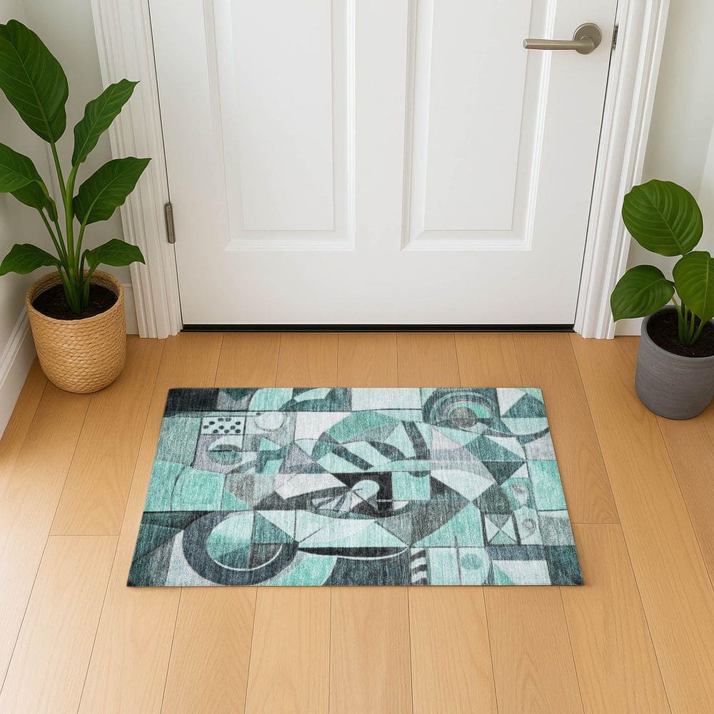Mayfield Premium Machine Washable Abstract AMF1758 Teal 2 ft. x 3 ft. Area Rug price history on PriceWatchPro
