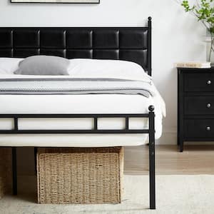 Bed Frame with PU Upholstered Headboard, Queen Black Metal Frame Platform Bed, No Boxing Spring Needed