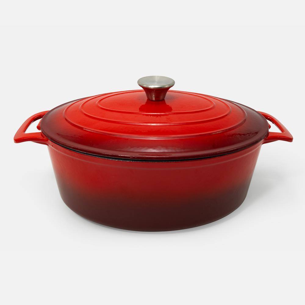 ExcelSteel 6 qt. Oval Cast Iron Casserole Pan and Lid with Red