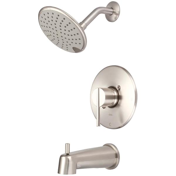 Olympia Faucets i2v 1-Handle Wall Mount Tub and Shower Trim Kit in Brushed Nickel with Rain Showerhead (Valve Not Included)