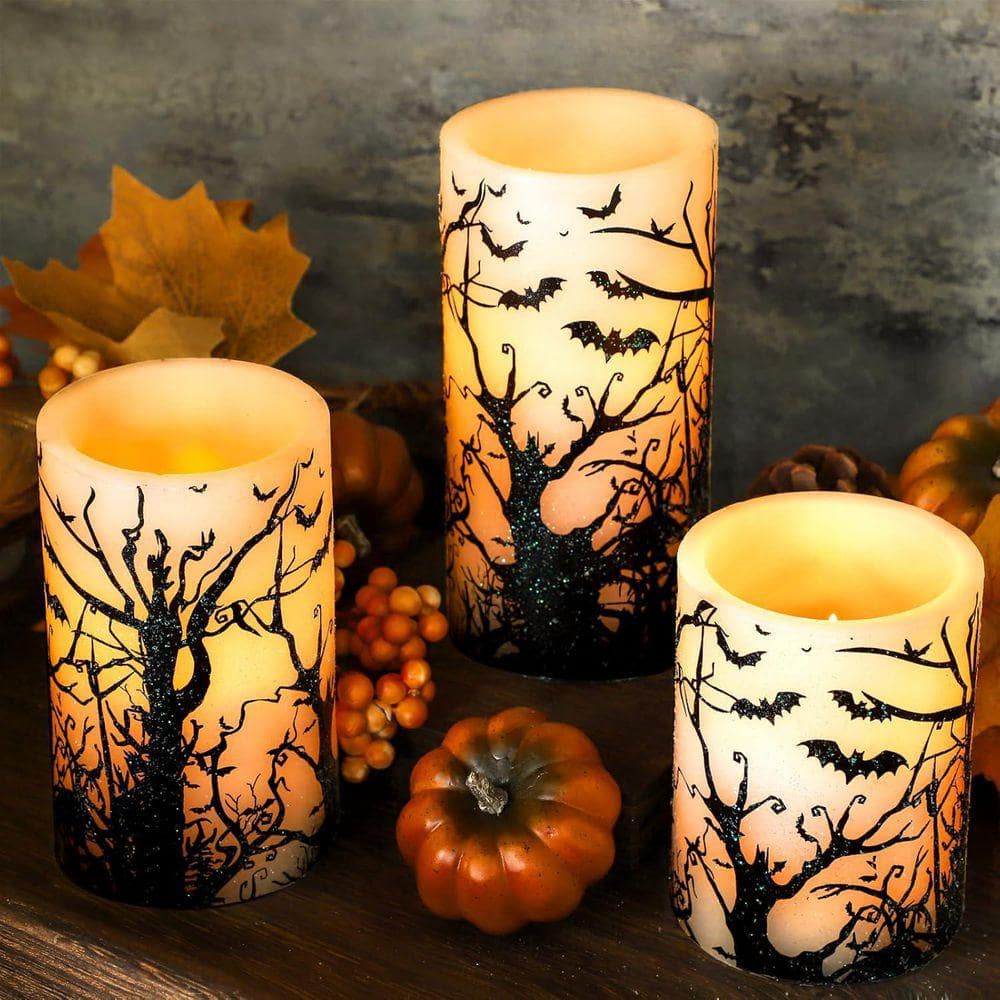 Black Flameless Candles:Set of 3, Black with Spooky Bats Decal